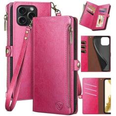 Imagem de XcaseBar Capa carteira compatível com iPhone 16 Pro de 6,3 polegadas com zíper para cartão de crédito 【bloqueio RFID】, capa flip fólio de couro PU à prova de choque feminina masculina para Apple 16