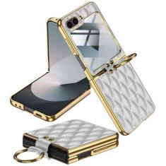 Imagem de Miimall Capa luxuosa para Samsung Z Flip 6 com anel, protetor de tela leve, resistente ao desgaste, à prova de choque, antiderrapante, à prova de poeira, capa de telefone de couro fofa para Samsung