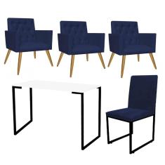 Imagem de Kit Escritório Stan 3 Poltronas Capitonê com Cadeira e Mesa Industrial Branco Preto Suede Azul Marinho - Ahz Móveis
