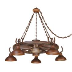 Imagem de Lustre Rústico Roda De Carroça 5 Lâmp. Madeira E Metal Oxidado Estância Linha Country Madelustre