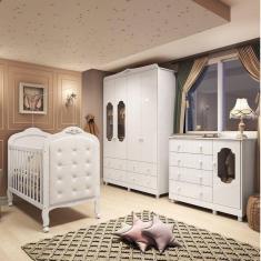 Imagem de Quarto de Bebê com Guarda Roupa Cômoda com Janelas e Berço com Botões encapados Maya Provençal 100% Mdf Branco Brilho