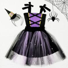 Imagem de Vestido Infantil Fantasia Menina Halloween Bruxa Tiara - anjo da mamãe