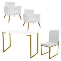 Imagem de Kit Escritório Stan 2 Poltronas Maria e Cadeira e Mesa Industrial Branco Dourado Tecido Sintético Branco - Ahz Móveis