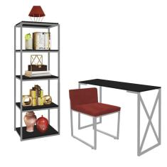 Imagem de Kit Escritório Bex 1 Cadeira Suede Vermelho com 1 Mesa e 1 Livreiro Ferro Cinza MDF Preto - Ahazzo Móveis