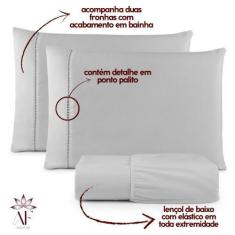 Imagem de Lençol Ponto Palito 400 Fios 03 Peças Casal Queen King Solteiro 02 Peç