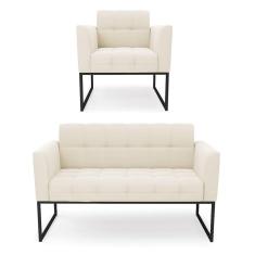 Imagem de Kit 1 Sofá Namoradeira e 1 Poltrona Elisa Veludo Bege Base Metálica Industrial Preto - D`Rossi