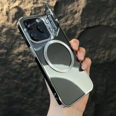 Imagem de Capa de suporte de câmera dobrável invisível para iPhone 13 14 Pro Max 13Pro 14Pro Max Capa transparente de carregamento magnético, prata, para iPhone 13 Pro