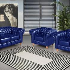 Imagem de Conjunto de Sofá Luís Xv 2 Lugares + 2 Poltronas Chesterfield Capitonê Azul