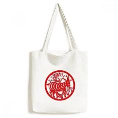 Imagem de Bolsa de lona de arte do zodíaco chinês, corte de papel, bolsa de compras, bolsa casual