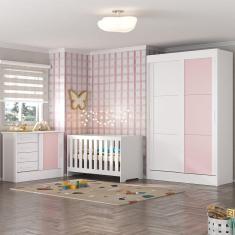 Imagem de Quarto de Bebê Completo Guarda Roupa 2 Portas 2 Gavetas com Cômoda e Berço Maya Espresso Móveis Branco/Rosa