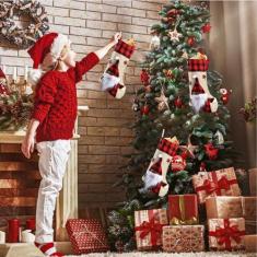 Imagem de iDIY Meias de Natal de 45 cm Decoração de Natal Mistura de Algodão Vermelho - Presentes de Decoração de Natal, Meia de Natal Grande para Amigos
