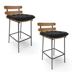 Imagem de Kit 02 Banquetas Costela Suede Base Met lica Preto - D'rossi