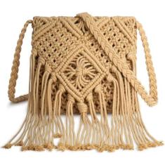 Imagem de Bolsas de mão de palha, bolsa de bolso, bolsa de bolso, casual, de tecido, bolsas de praia de verão Hobo Hippie Chic com corrente, Caqui