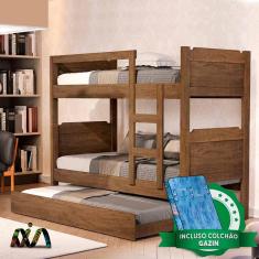 Imagem de Beliche Solteiro Com Cama Auxiliar Castanho Star Basoto Com Colchão Gazin