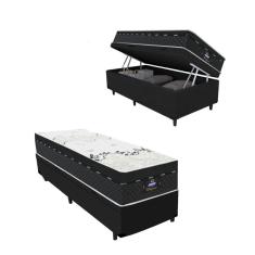Imagem de Cama Box Baú Solteiro Colchão Molas Ensacadas Miami 88x188x73cm Branco/Preto - Suporta até 120kg por pessoa