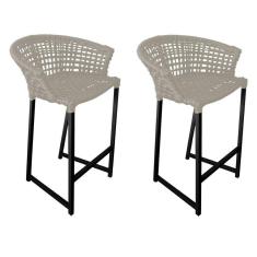 Imagem de Kit 2 Banquetas Reis Em Corda Náutica E Base Em Alumínio Preta Para área Gourmet Externa Areia Bege