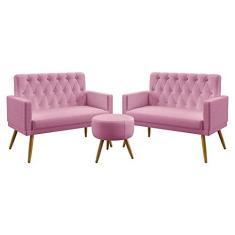 Imagem de Kit 2 Poltronas Namoradeiras Vega Com Rodapé E Botões Puff Solar Capitonê Sued Rosê Aradecor