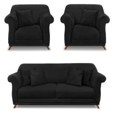 Imagem de Kit 2 Poltronas e Sofá Living 2 Lugares 1,60m Vênus Suede Preto Pés Ca