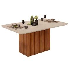 Imagem de Mesa p/ Cozinha Canes c/ Tampo Madeirado c/ Vidro Curvo 170x90cm Freijó/Off White - DJ Móveis