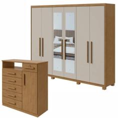 Imagem de Conjunto de Guarda-Roupa Áries com espelho e pés e Cômoda Da Vinci Amêndoa Clean/Off White