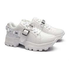 Imagem de Tênis Branco Sneaker Chunky Feminino Tratorado Pedraria Removível Moda Tendência Blogueira