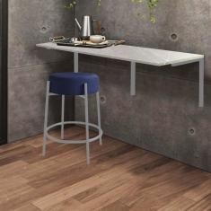 Imagem de Kit Mesa Suspensa de Parede Fixa MDF Marmorizado + 1 Banqueta Sintra Ferro Prata Corino Azul Marinho - Ahazzo Móveis