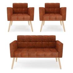 Imagem de Kit 1 Sofá Namoradeira E 2 Poltronas Elisa Corano Nozes Pés Palito Natural - D`rossi