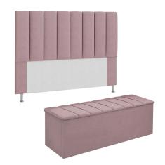 Imagem de Conjunto Cabeceira E Calçadeira Cancun Para Cama Box King 195 cm Suede Rosê - DL Decor