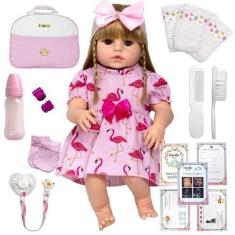 Imagem de Boneca Estilo Reborn Loira Com Chupeta Vários Acessórios - Cegonha Reb
