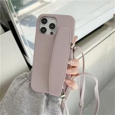 Imagem de Capa de telefone com alça de pulso crossbody para iPhone 13 12 15 14 11 Pro Max XS XR 8 7 Plus Capa de couro PU à prova de choque, roxo claro, para iPhone 12 (12Pro)