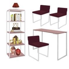 Imagem de Kit Escritório Ravi 3 Cadeiras Suede Bordô com 1 Mesa e 1 Livreiro Ferro Branco MDF Rose Rosa - Ahazzo Móveis