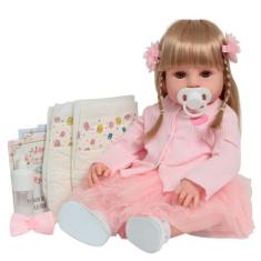 Imagem de Boneca Bebê Reborn Realista Loira Lindo Vestido + Itens - Cegonha Rebo