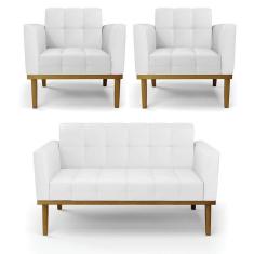 Imagem de Sofá Namoradeira E 2 Poltronas Base Madeira Castanho Elisa Corino Branco D03 - D`rossi