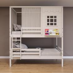 Imagem de Beliche Casinha Reta Com Grade Removível E Cortina Madeira Maciça Branco Housin