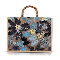 Imagem de QTKJ Sacola, bolsa de mão de pano para mulheres, bolsas de praia bordadas com lantejoulas, alça de bambu natural, bolsa de ombro boêmia de grande capacidade adequada para viagens diárias (flores