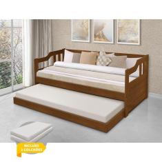 Imagem de Sofá Cama Solteiro Vintage Com Cama Auxiliar Madeira Maciça + 2 Colchões - Castanho - Cor: Marrom