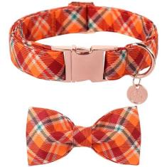 Imagem de DOGWONG Coleira de algodão xadrez de outono com laço, gravata borboleta de Halloween xadrez laranja coleira para cachorro macio ajustável guingão outono para cães grandes meninos e meninas