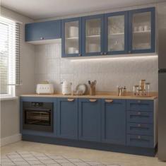 Imagem de Cozinha Modulada 6 Peças com Tampo, Portas de Vidro e Balcão de Embutir Cabecasa Madeiramadeira Azul/branco