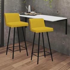 Imagem de Kit Mesa Suspensa de Parede Fixa mdf Branco + 2 Banquetas Lexi Ferro Preto Suede Amarelo - Ahazzo Móveis