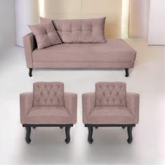 Imagem de Kit Diva Recamier Azura 160cm Lado Direito e 02 Poltronas Classic Linho Rosê