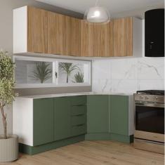 Imagem de Cozinha Modulada 6 Peças sem Tampo com Rodapé 3 Aéreos e 3 Balcões Ipanema Cabecasa Madeiramadeira Verde Folha/Acácia
