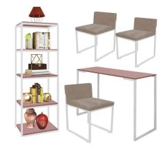 Imagem de Kit Escritório Ravi 3 Cadeiras Suede Bege com 1 Mesa e 1 Livreiro Ferro Branco MDF Rose Rosa - Ahazzo Móveis