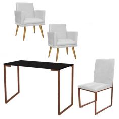 Imagem de Kit Escritório Stan 2 Poltronas Rodapé com Cadeira e Mesa Industrial Preto Bronze Corino Branco - Ahz Móveis