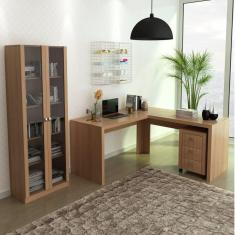 Imagem de Mesa em L com Gaveteiro e Armário com 2 Portas de Vidro Espresso Móveis Amendoa