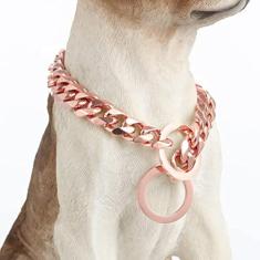 Imagem de GZMZC Coleira de corrente para cães, ouro rosa, polido, aço inoxidável, 12 mm, elos cubanos, resistente, resistente à mastigação, coleira para caminhada para cães pequenos, médios e grandes (12 mm,