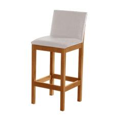 Imagem de Banqueta Alta Pérola Com Encosto Estofado Linho Bege Madeira Maciça Castanho