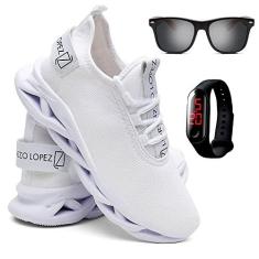 Imagem de Kit Tênis Masculino de Corrida e Caminhada + Óculos de Sol Madeirado e Relógio - Branco/41