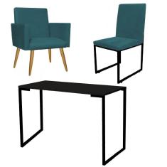 Imagem de Kit Escritório Stan Poltrona com Cadeira e Mesa Industrial Tampo Preto Suede Azul Turquesa - Ahz Móveis