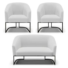 Imagem de Sofá Namoradeira E 2 Poltronas Base Industrial Preto Stella Linho D03 - D'rossi Cor A05 Cinza