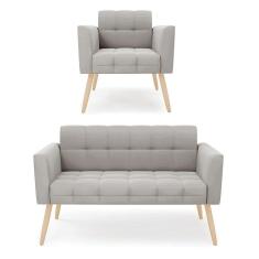 Imagem de Kit 1 Sofá Namoradeira E 1 Poltrona Elisa Veludo Cinza Pés Palito Natural - D`rossi